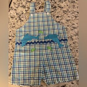 🐠🐟 Funtasia Too SZ 4T Blue Plaid Kids Romper W Fish & Shark Design🐡🐠 NWOT snaps